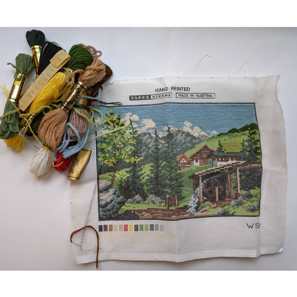 Vintage Tapex Vienna Canvas Needlepoint Kit Swiss Alps Cottage Forest Scene - Picture 2 of 10